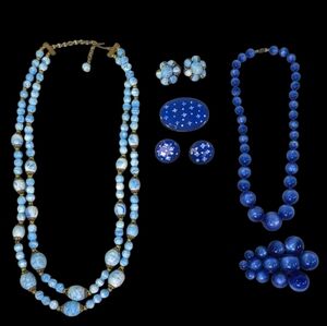 Antique Blue Beaded Necklace Earring Set Moon Glow Necklace Dress Clip Brooch